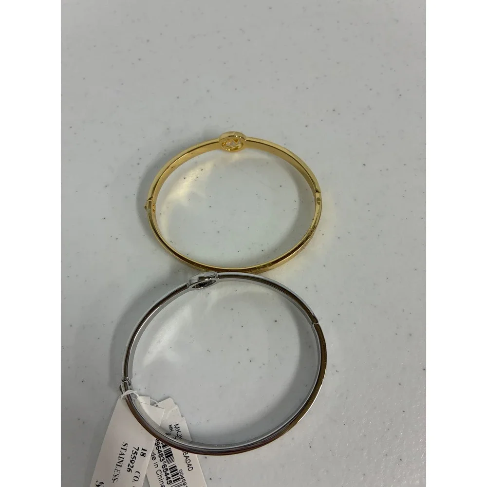 Michael Kors MK Logo Pave Crystal Bangle Bracelet Set Gold Silver Tone 2pc